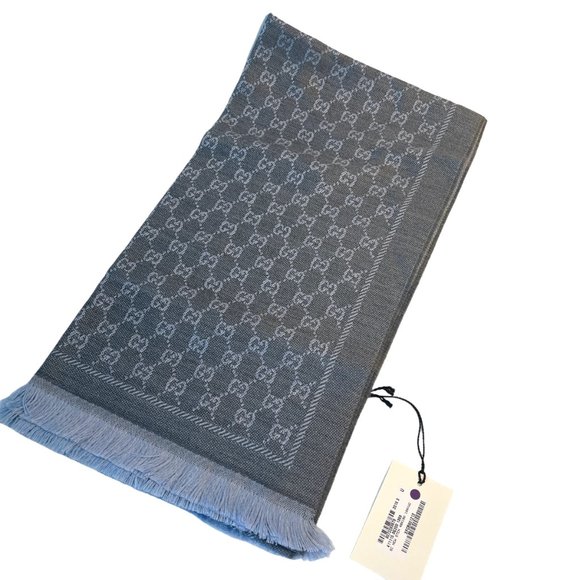 Gucci 411115 Gray and Blue 100% Wool GG Monogram Stencil Scarf - Picture 2 of 15